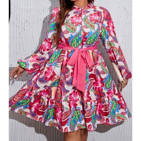 Boho Ladies Dress with Belt Paisley Pattern Lantern Sleeve Ruffle - Picture 4 of 8